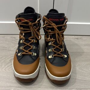 Michael Kors Black and Tan Boots with Leopard Fur Accents